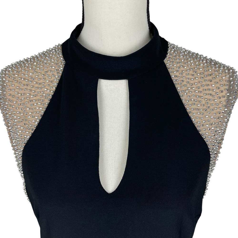 Xscape Womens Dress 14 Black Rhinestone Illusion Choker Neck Sleeveless Cocktail - Picture 2 of 13
